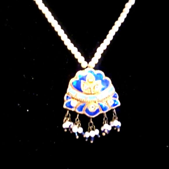 Eastern Inspired Faux Pearl and Blue Enamel Beaded Pendant Necklace * - Picture 2 of 5